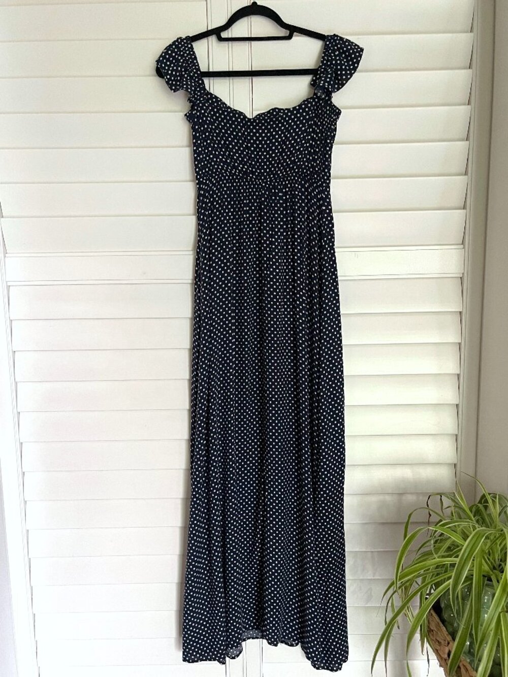 Lulus Dream Love Navy Blue Polka Dot Off the Shoulder Maxi Sundress Size Large - Picture 6 of 12